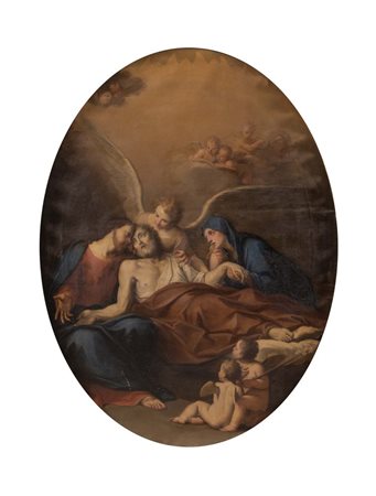 Maestro bolognese del XVII secolo. "Morte di San Giuseppe". Olio su tela....