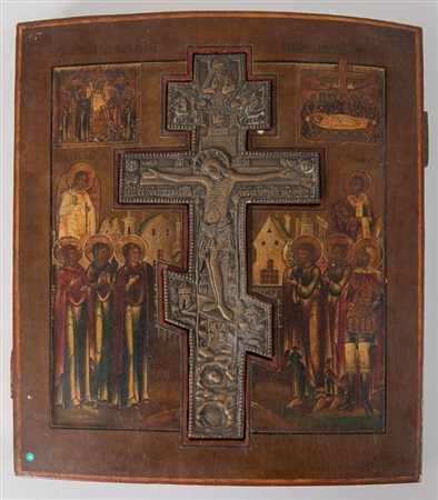 Icona recante croce in bronzo con entrambi i lati incisi. Russia, XIX secolo....