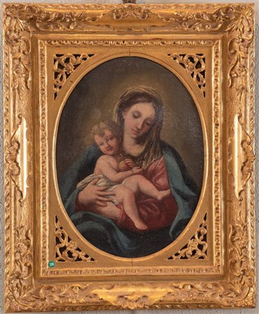Maestro del XVIII secolo. "Madonna con bambino". Olio su tela. Cm 27,5x20,5