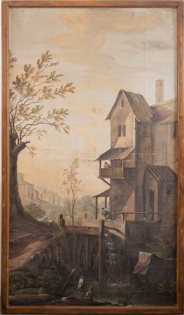 Scuola emiliana del XVIII secolo. “Paesaggio con figure”. Tempera su tela. Cm...