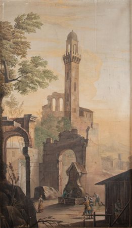 Scuola emiliana del XVIII secolo. “Paesaggio con figure”. Tempera su tela. Cm...