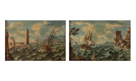 ORAZIO GREVENBROECK, attr. “Marine in tempesta”. Coppia di oli su tela. Cadauno di cm 34x50.