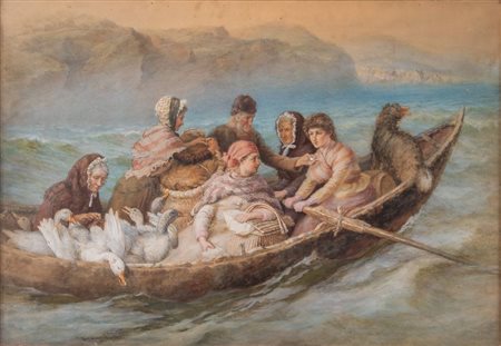 FRANK BARNARD "A shet-land market boat". Tecnica mista su carta. Cm 58x84....