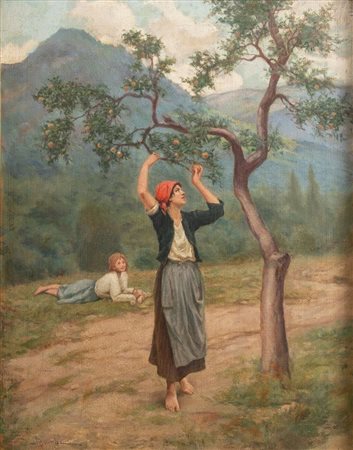 ADOLFO BELIMBAU (Il Cairo1845 - Firenze 1938) "La raccolta delle mele". Olio...