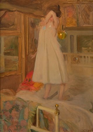 ALFREDO PROTTI (Bologna 1882 - 1949) "Sul letto", 1911. Olio su cartone. Cm...