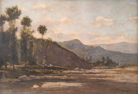 GIULIO FIORI (Bologna 1909 - 1991) "Paesaggio collinare con alberi". Olio su...