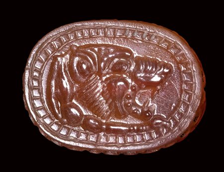 An etruscan carnelian engraved scarab. Lion forepart.<br><br>Late 6th - early 5th century B.C.
