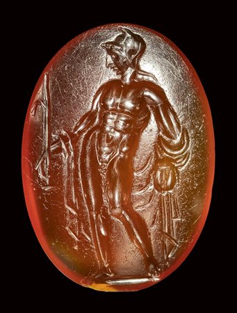 A fine roman carnelian intaglio. Perseus with Medusa head. 1st century B.C.