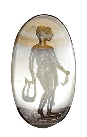A large roman italic banded agate intaglio. Male figure with attributes.<br><br>2nd century B.C.