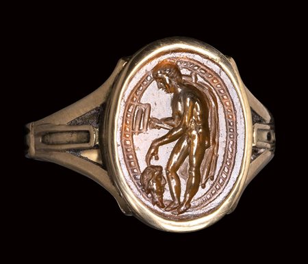 An italic sard intaglio set in a gold ring. Hermes psychopomp.<br><br>2nd century B.C.