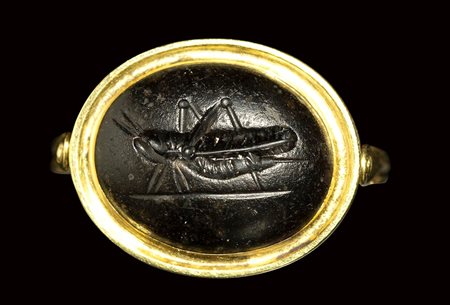 A roman dark agate intaglio set in a gold swivel ring. Grasshopper. 1st century B.C. - 1st century A.D.