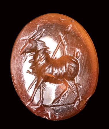 A roman carnelian intaglio. Goat with thyrsus. <br><br>1st century A.D.