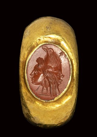 A roman red jasper intaglio set in an ancient gold ring. Gryllos.<br><br>2nd - 3rd century A.D.