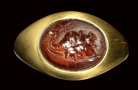 A roman carnelian intaglio mounted in a modern gold ring. Gryllos. <br><br>1st - 2nd century A.D.