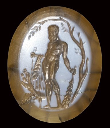 A fine roman nicolo intaglio. Hercules with Cerberus. <br><br>2nd century A.D. 