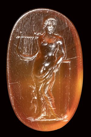 A large early roman carnelian intaglio. Apollo.<br><br>1st century B.C.