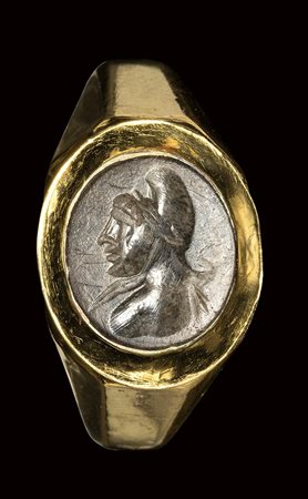 A roman jasper intaglio set in a modern massive gold ring. Bust of a Phrygian. <br><br>2nd century A.D.