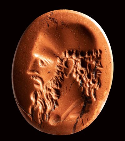 A roman red jasper intaglio. Bust of a  philosopher.<br><br>2nd century A.D. 