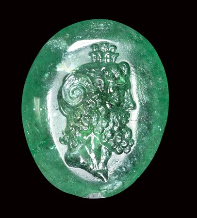 A very fine roman imperial emerald intaglio. Bust of Pantheistic Zeus. <br><br>2nd century A.D.