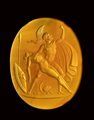 A fine neoclassical Poniatowski  carnelian intaglio signed Dioskourides, set in a gold pendant. Mezentius vowing to avange the death of Lausus, sustaining him. <br><br>19th century.