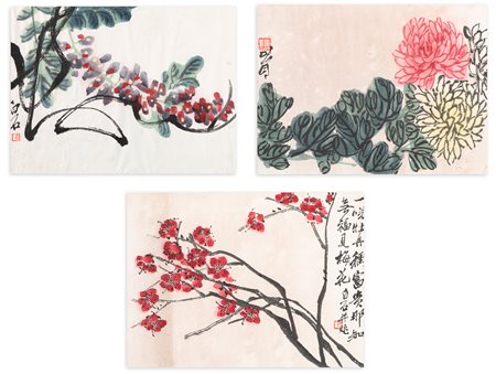 QI BAISHI (1864-1957) - Lotto unico composto da 3 xilografie