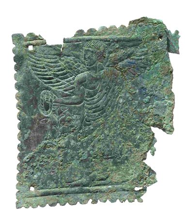 ETRUSCAN BRONZE PLAQUE ca. 500 - 480 BC cm 17 x 16 Part of a furniture,...