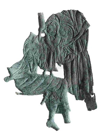 ETRUSCAN BRONZE PLAQUE ca. 500 - 480 BC cm 14 x 10 Part of a furniture,...