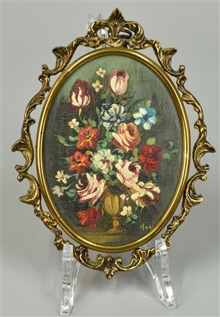 Anonimo FIORI FIAMMINGHI olio su cartoncino entro cornice in bronzo dorato...