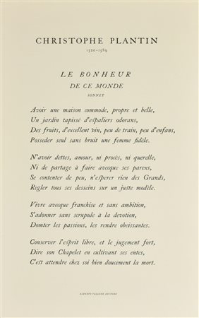PERGAMENA pergamenta recante un sonetto di Christophe Plantin intitolato 'Le...