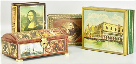 LOTTO DI 4 SCATOLE IN LATTA raffigurante opere d'arte celebri cm 10x11 Difetti