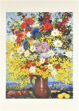 Michele Cascella VASO DI FIORI serigrafia materica su carta Fabriano, cm...