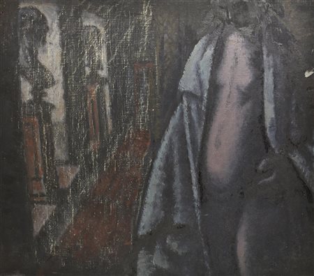 Enrico Allimandi DONNA DESIDEROSA E MASCHERONE olio su cartoncino, 50x60 cm