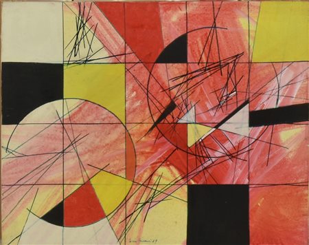 Loris Ferrari COMPOSIZIONE tempera su tela, cm 40x50 firma e data eseguito...