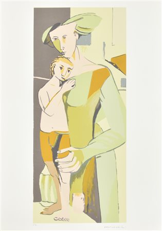 Remo Brindisi MADRE CON BAMBINO serigrafia su carta, cm 70x50; es. p.a. firma