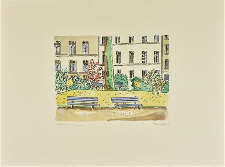 Orfeo Tamburi PANCHINE A PARIGI incisione su carta colorata a mano, battuta...