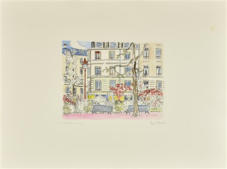 Orfeo Tamburi SCORCIO PARIGINO incisione su carta colorata a mano, battuta cm...