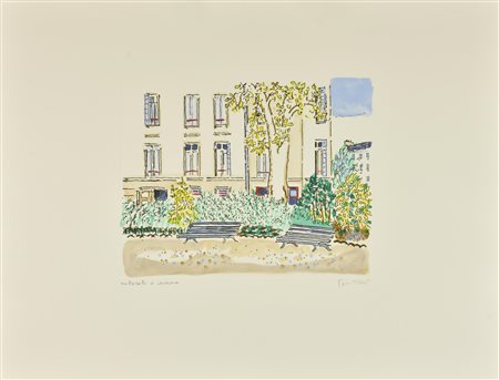 Orfeo Tamburi GIARDINO PARIGINO incisione su carta colorata a mano, battuta...