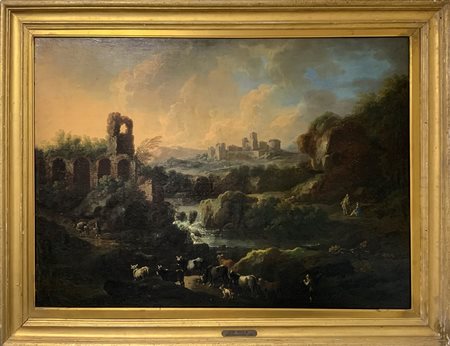 Johann Heinrich Roos (Otterberg 1631-Francoforte sul Meno, 1685)  - Paesaggio con ruderi, cascate e gregge., 17°  secolo