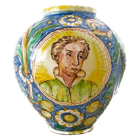 Gesualdo Di Bartolo - Bombola in maiolica policroma di Caltagirone, con doppio medaglione centrale e decori floreali a larghe foglie nei toni del verde e del giallo con fondo blu. , late 19°  secolo