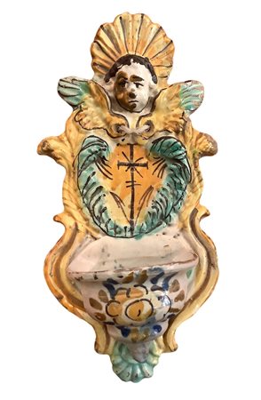 Acquasantiera in maiolica arianese nei toni del giallo e verde , 19°  secolo
