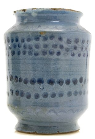 Cilindro officine maiolicane caltagironesi a fondo azzurro puntinato blu. , XVIII  secolo