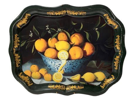 Vassoio vintage in metallo dipinto con arance e limoni, 20°  secolo