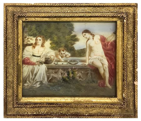 Tiziano   Vecellio (copia da) (Pieve di Cadore  1488/1490-Venezia  27 agosto 1576)  - Miniatura raffigurante amore sacro e profano 