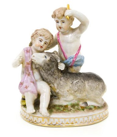 Statuetta in porcellana raffigurante due bambini con capretta, Germany, Inizi  20°  secolo