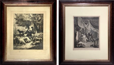 Louis Desplaces (French 1682-1739)  - Coppia di incisione raffigurante amore in casa di Anacreonte e scena pastorale , XVIII  secolo