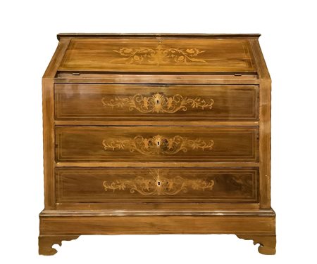 Ribalta in legno di noce a tre cassetti più ribaltina con quattro cassettini interni, Inizi  20°  secolo