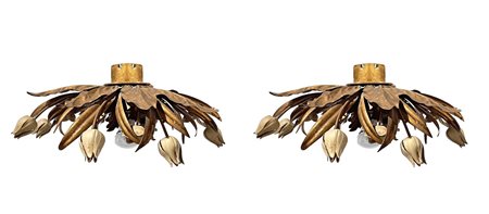 Coppia di plafone in metallo dorato a foglie lanceolate e fiori laccati avorio