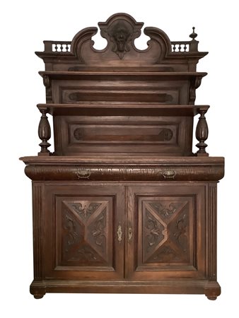 Piattaia in rovere con corpo inferiore con due cassetti e due sportelli superiori. Alzata con mensole in legno di rovere., 19°  secolo