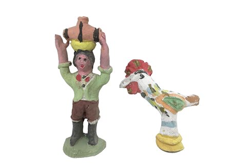 Salvatore Leone - Coppia di fischietti policromi in ceramica di Caltagirone di un contadino e di un galletto 