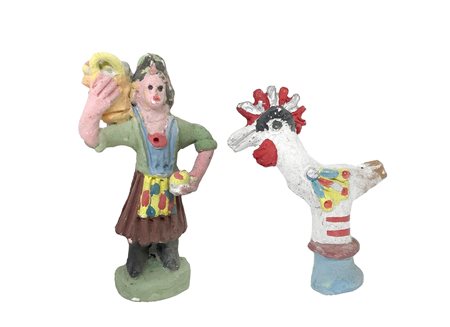 Salvatore Leone - Coppia di fischietti policromi in ceramica di Caltagirone di un contadino e di un galletto